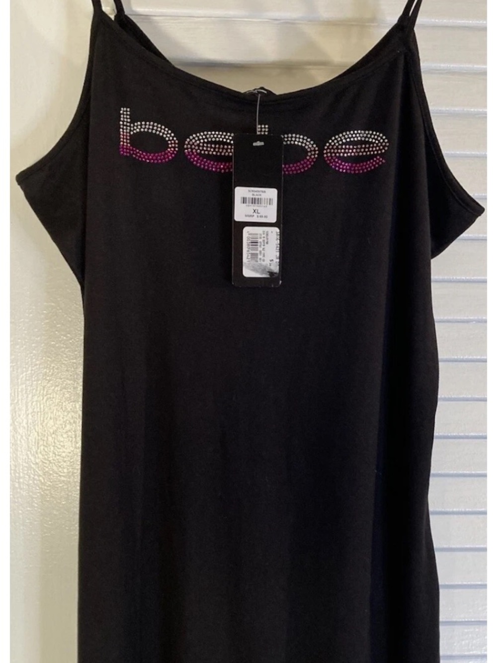 bebe Black Logo Rhinestone Spaghetti-Strap romper